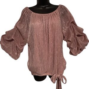 CeCe Pink Metallic Plissé Off-The-Shoulder Blouse Bubble Sleeve Tie Hem Sz LG